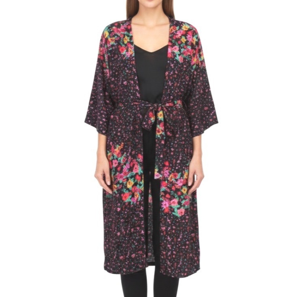 EVERLY Anthropologie CREPE Black OPEN FRONT w/Tie Belt FLORAL TOP KIMONO sz S